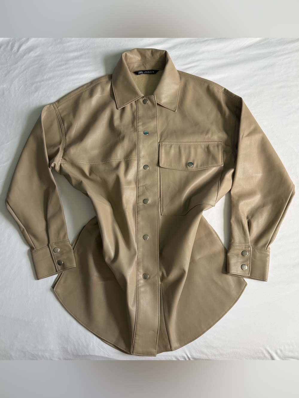 New Zara Size Small Vintage Style Tan Matte Long Faux Leather Fall Blazer Jacket